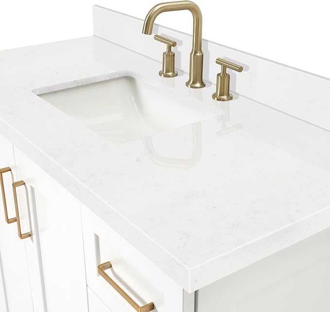 DKB Emilia 48-Inch Bathroom Vanity with Sink — White Single Sink Bathroom Vanity, 1.5" Edge Carrara Quartz Countertop, Solid Wood, 2 Soft Closing Doors, 9 Dovetail Drawers