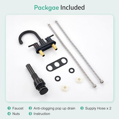 Faustina Matte Black Bathroom Faucet, 4 Inch Centerset Bathroom Faucets for Sink 2 Hole 3 Holes，Two Handles 304 Stainless Steel Faucet with Pup up Drain and 2 cUPC Water Supply Lines for RV Vanity