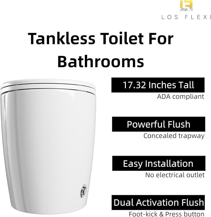 Non Electric One Piece Toilet, 1000g Map & 1.0 GPF, 17.3" ADA & Elongated Tankless Toilet for Bathroom, Powerful Air Pressure Assisted Flush System, Foot Kick Flush Included, 12" Rough in