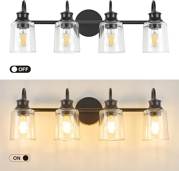 4 Lights Bathroom Light Fixtures Modern Black Vanity Lights | ETL Certificate, Easy to Install,Wall Mount Up or Down,Thickened Glass Lampshade,E26 Socket,Hardwired