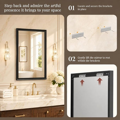 24x36 Inch Matte Black Bathroom Mirrors for Over Sink | Curved Aluminum Frame Rectangular Vanity Mirror, HD Tempered Glass, Rust-Resistant Wall Mirror for Bedroom & Entryway