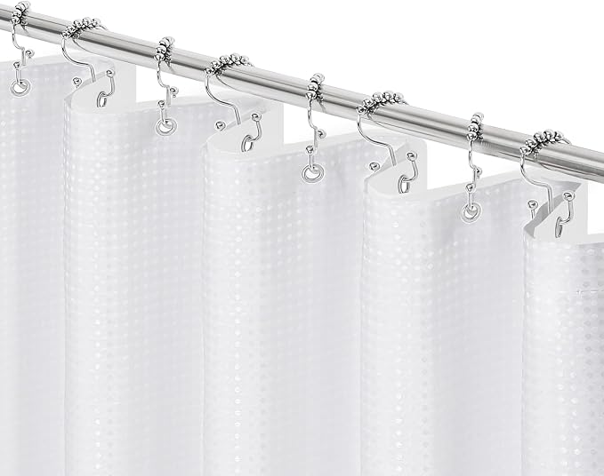 3 in 1 White Shower Curtain with PEVA Liner, 12 Hooks, 72x72 | Luxury Weighted Fabric Shower Curtain Set, 12 Stainless Steel Double-Sided Hooks, Water Repellent, Bathroom Decor