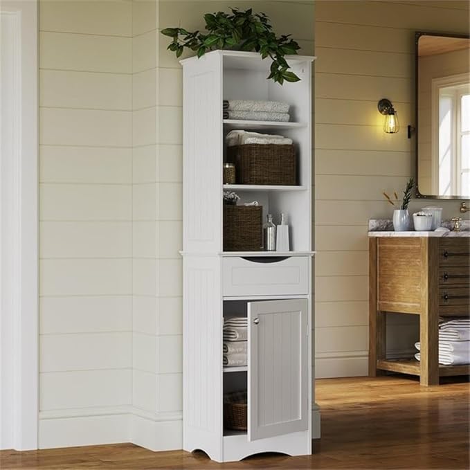 RiverRidge, White Ashland Bathroom Freestanding Storage Cabinet with Three Open Shelves and Drawer