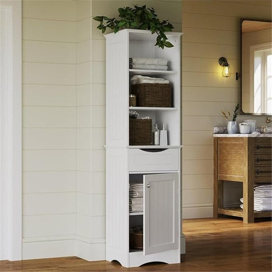 RiverRidge, White Ashland Bathroom Freestanding Storage Cabinet with Three Open Shelves and Drawer