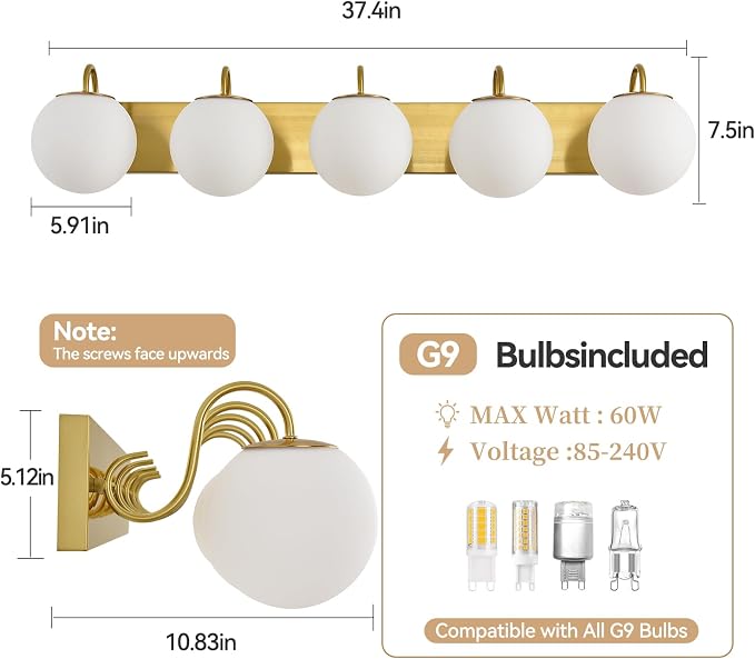 5 Lights Vintage Bathroom Vanity Light Fixtures Over Mirror, Brushed Gold Vanity Lights For Bathroom With Milk White Glass Globe Shade, Wall Lights For Bedroom, Hallway, Dressing Table(G9 Incl.)