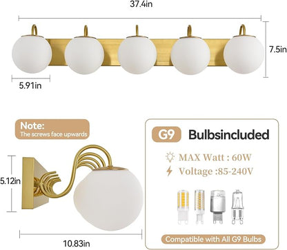 5 Lights Vintage Bathroom Vanity Light Fixtures Over Mirror, Brushed Gold Vanity Lights For Bathroom With Milk White Glass Globe Shade, Wall Lights For Bedroom, Hallway, Dressing Table(G9 Incl.)
