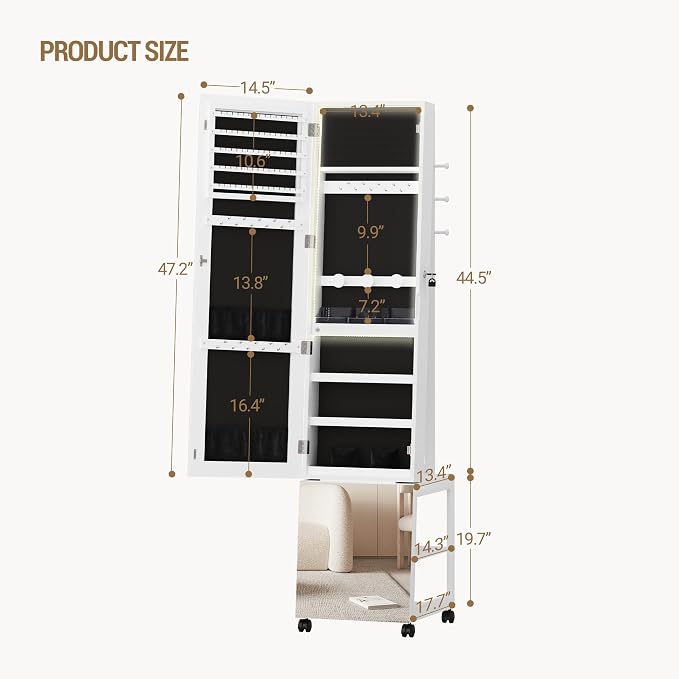 Hzuaneri Jewelry Cabinet with Light strip, 66.5-inch mirror Jewelry Armoire Standing with Garment Rack,Movable Full-length Mirror with Wheels,Lockable Storage Shelves with Hooks, White JC17103B