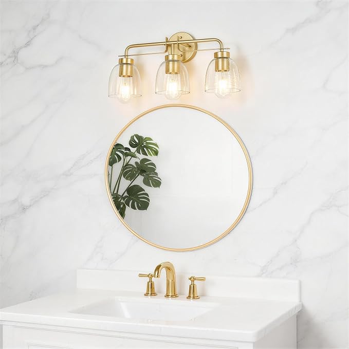 3-Light Bathroom Vanity Light Fixtures, 21 Inch Modern Industrial Golden Vanity Lights for Bathroom Light Fixtures with Bell Bubble Glass Shade Wall Sconce for Mirror, Bedroom, Hallway