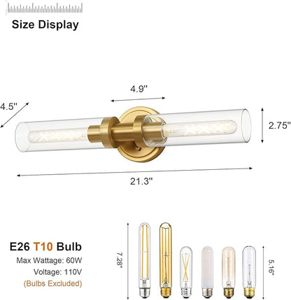 Brushed Gold Bathroom Vanity Light Fixture, 2-Light Modern Wall Sconce Lighting W/Clear Glass, Brass Wall Mount Lamp for Mirror Hallway Kitchen Living Room, E26 T10 Bulbs(Excluded)