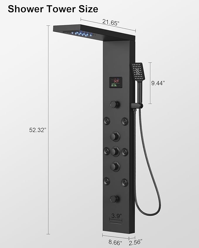 Homevacious 5 In 1 Shower Panel Tower System LED Rain Waterfall Shower Head and Adjustable Massage Body Jets 3 Settings Handheld Head and Tub Spout Stainless Steel Bathroom Panel Matte Black