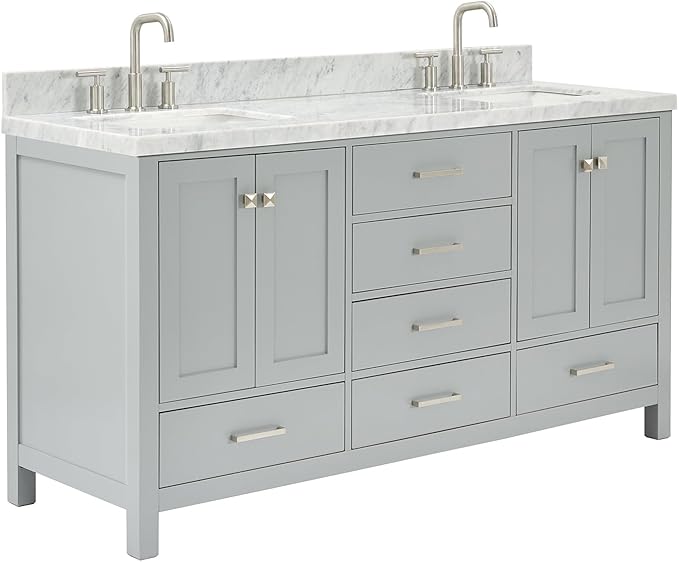 ARIEL Cambridge 66-inch Bathroom Vanity with Sink,Solid Wood, 1.5-inch Italian Carrara Marble Countertop, Double Rectangular Porcelain Sink, 4 Soft Closing Doors, 6 Dovetail Drawers, Grey