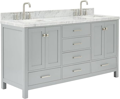 ARIEL Cambridge 66-inch Bathroom Vanity with Sink,Solid Wood, 1.5-inch Italian Carrara Marble Countertop, Double Rectangular Porcelain Sink, 4 Soft Closing Doors, 6 Dovetail Drawers, Grey