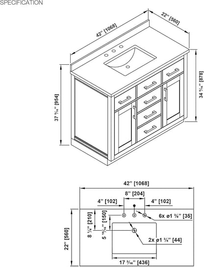 OVE Decors Bailey 42 in. Single Sink Freestanding Driftwood Oak Bathroom Vanity with White Quartz Top, Matching Backsplash and Power Bar
