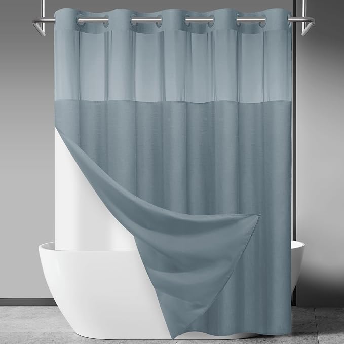 SORTTO No Hook Slub Shower Curtain with Liner, 71x74, Stone Blue | Snap in Liner, 3 in 1, Bamboo Texture, Hotel Style, Waterproof Fabric, Mesh Top Window, Corner Magnets, Machine Washable