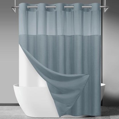 SORTTO No Hook Slub Shower Curtain with Liner, 71x74, Stone Blue | Snap in Liner, 3 in 1, Bamboo Texture, Hotel Style, Waterproof Fabric, Mesh Top Window, Corner Magnets, Machine Washable