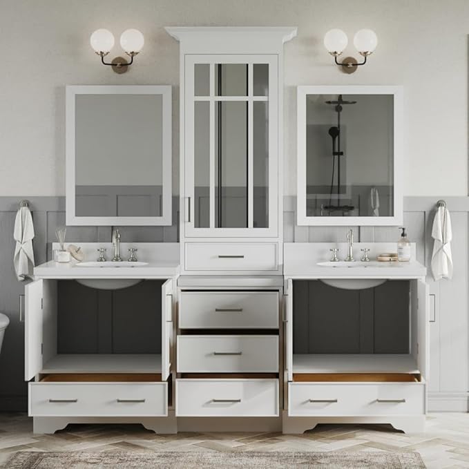 ARIEL Stafford 84-inch Bathroom Vanity with Sink,Solid Wood, 1.5-inch Pure White Quartz Countertop & Backsplash, Double Oval Porcelain Sink, 5 Soft Closing Doors, 6 Dovetail Drawers, White