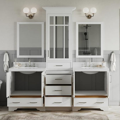 ARIEL Stafford 84-inch Bathroom Vanity with Sink,Solid Wood, 1.5-inch Pure White Quartz Countertop & Backsplash, Double Oval Porcelain Sink, 5 Soft Closing Doors, 6 Dovetail Drawers, White