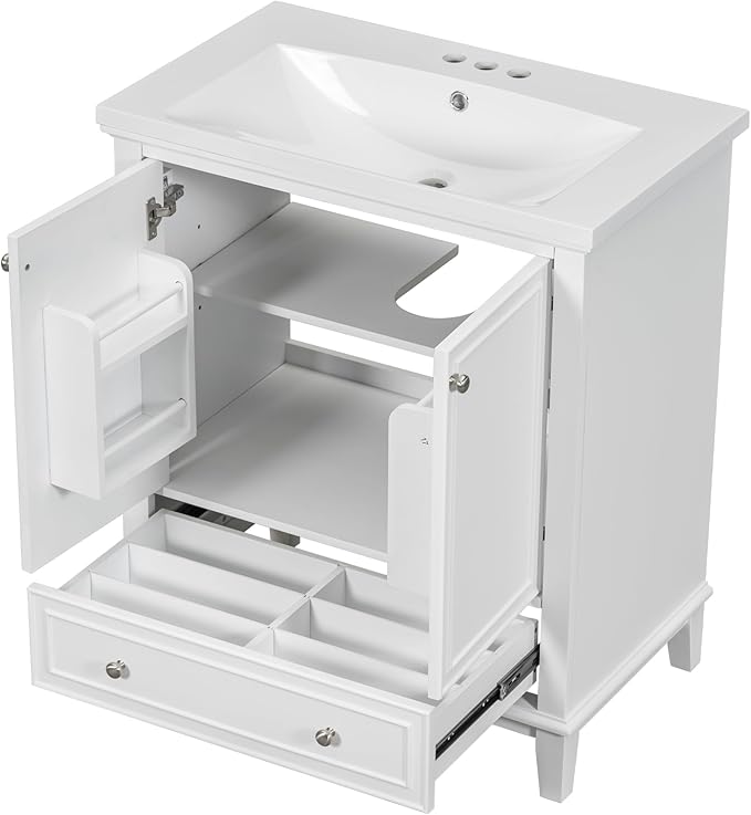 LUMISOL 30" Bathroom Vanity with Sink Set, Modern Single Bathroom Cabinet with Storage Doors and Drawer, Solid Wood Bathroom Vanity with Ceramic Sink, White