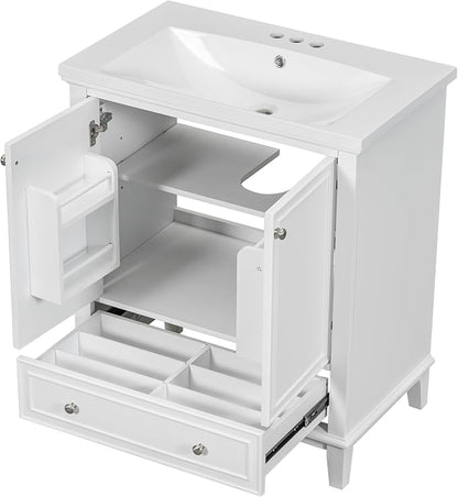 LUMISOL 30" Bathroom Vanity with Sink Set, Modern Single Bathroom Cabinet with Storage Doors and Drawer, Solid Wood Bathroom Vanity with Ceramic Sink, White