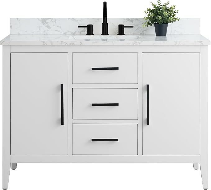 48 Inch Bathroom Vanity with Sink & Ceramic Top, Single Vanity Cabinet with Basin, Soft-Closing Doors & Matte Black Hardware, White