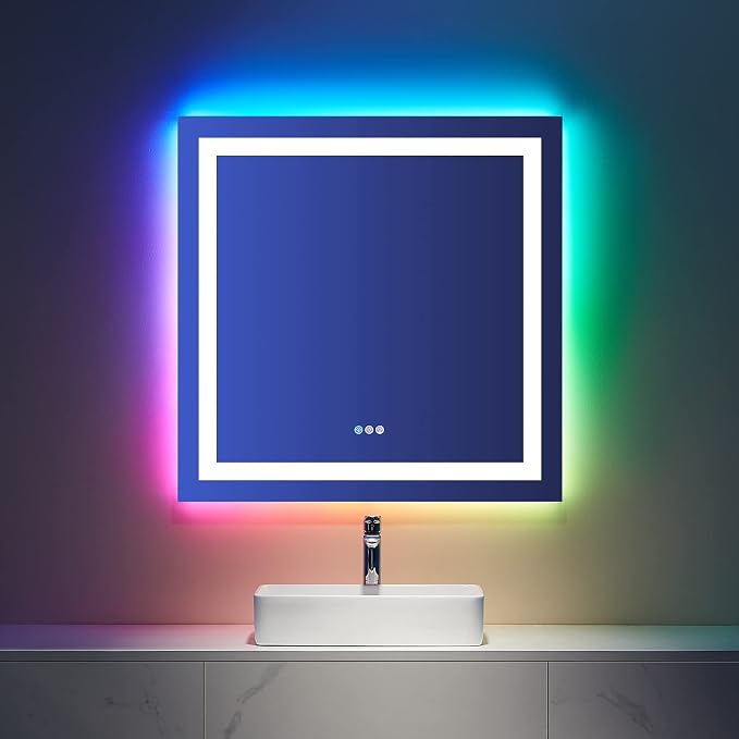 LOAAO 36"X36" RGB LED Bathroom Mirror with Lights, UL Listed | Anti-Fog, Dimmable, RGB Backlit + Front Lighted, Memory Function, Tempered Glass