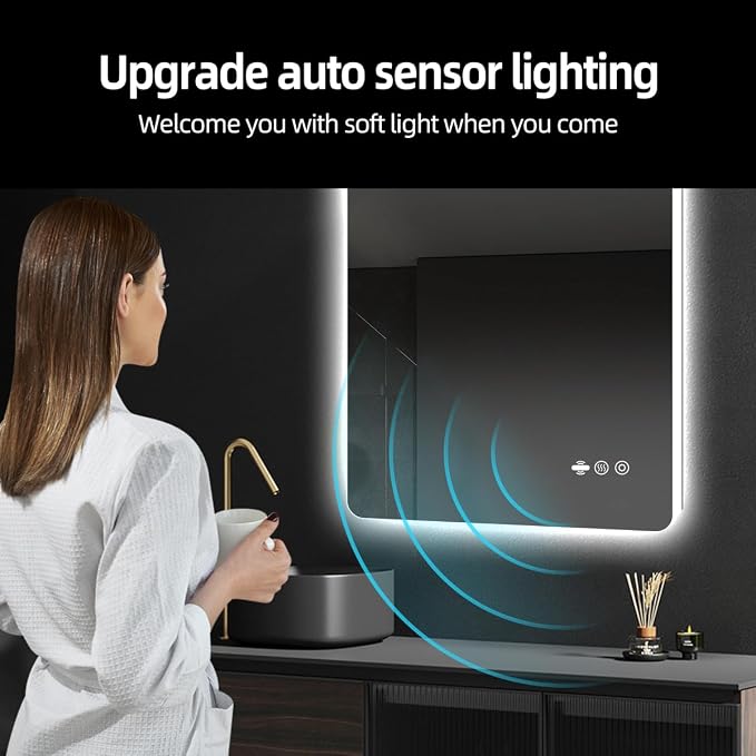 24" x 32" LED Bathroom Mirror with Lights - Motion Sensor | Smart Backlit Mirror, Anti-Fog, 3-Color Stepless Dimmable Lighted Mirror, Memory Function, HD Tempered Glass, CRI≥93