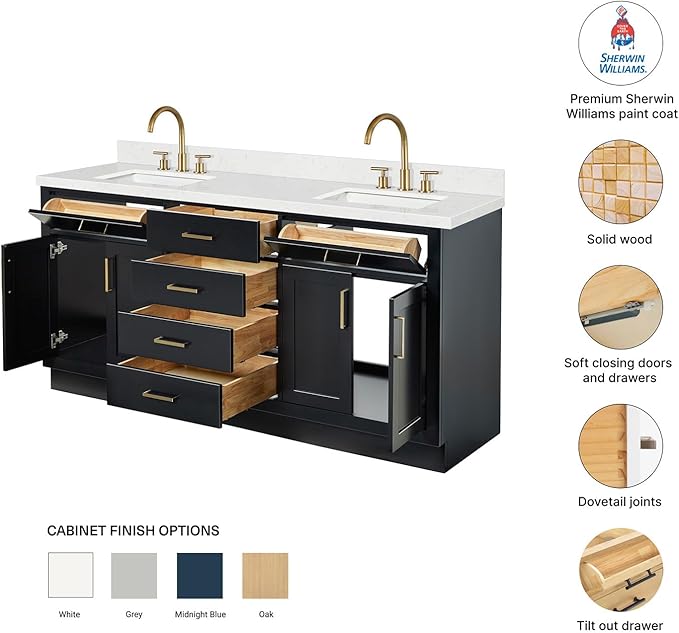 DKB Isabella 72 Inch Bathroom Vanity Double Sink — Black Bathroom Vanity with Sink, 1.5" Edge Carrara White Quartz Countertop & Backsplash, 4 Soft-Close Doors, 4 Dovetail Drawers, and 2 Tilt Drawers