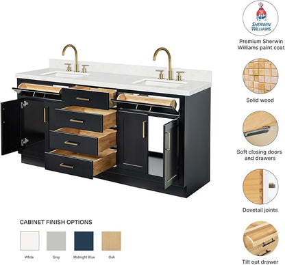 DKB Isabella 72 Inch Bathroom Vanity Double Sink — Black Bathroom Vanity with Sink, 1.5" Edge Carrara White Quartz Countertop & Backsplash, 4 Soft-Close Doors, 4 Dovetail Drawers, and 2 Tilt Drawers