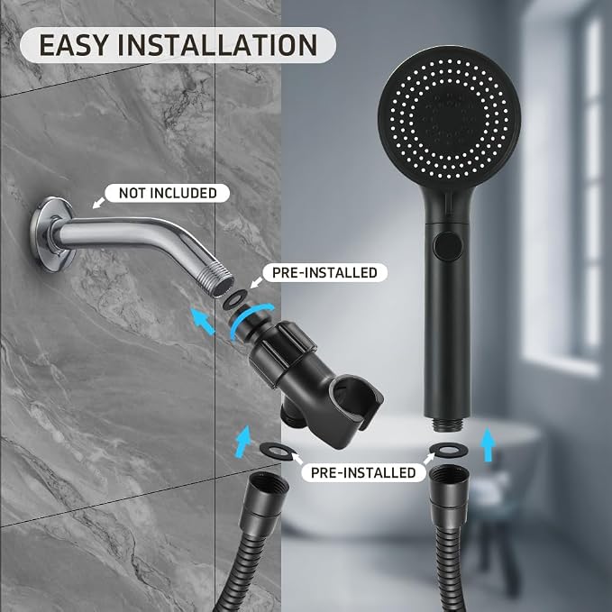 Handheld Shower Head with Hose 60 Inch, High Pressure Shower Head with On Off Switch Button 3 Modes, Matte Black | High Pressure Shower Head with Hose, Matte Black Color, 60inches Hose