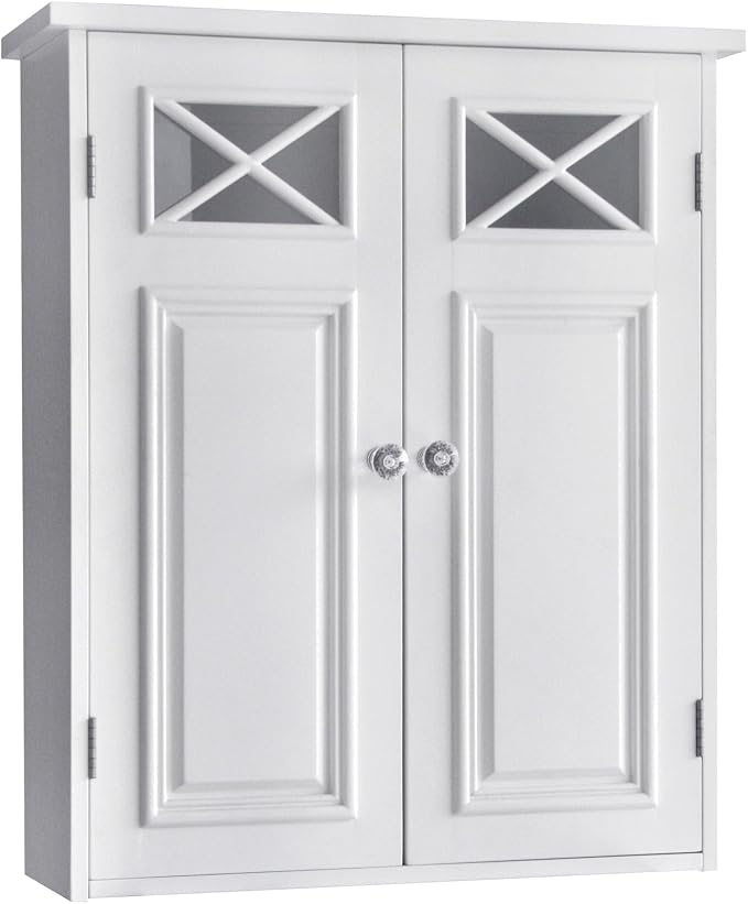 Teamson Home Dawson Wooden Over The Toilet Bathroom Removable Wall Medicine Cabinet with 1 Adjustable Shelf 2 Storage Spaces 2 Cross Molding Doors and Crystal-Cut Knobs, White | 2 Doors, Floor Mount, Open Shelf, Crystal-Cut Knobs