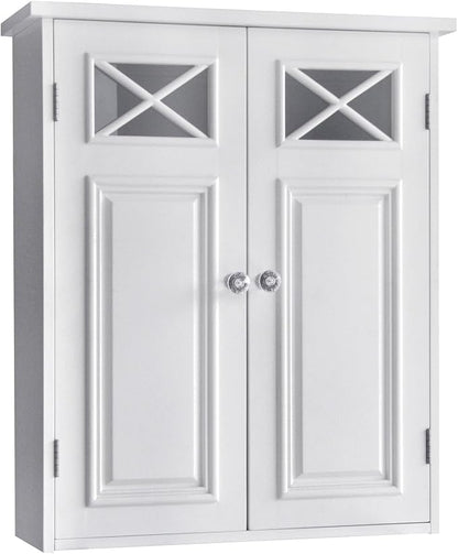 Teamson Home Dawson Wooden Over The Toilet Bathroom Removable Wall Medicine Cabinet with 1 Adjustable Shelf 2 Storage Spaces 2 Cross Molding Doors and Crystal-Cut Knobs, White | 2 Doors, Floor Mount, Open Shelf, Crystal-Cut Knobs