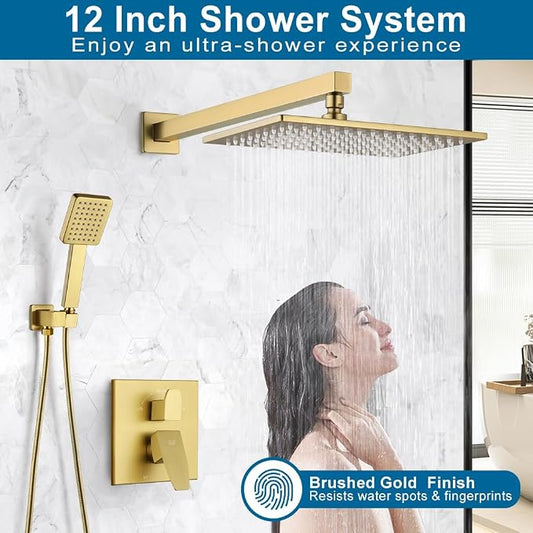 Shower Faucet Set Brushed Gold Rianfall 12 Inch Shower Head and Handle Set Bathroom Rain Shower System Wall Mounted Shower Fixture Include Shower Valve and Trim Kit