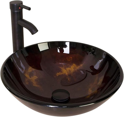 wonline Round Artistic Tempered Glass Bathroom Vessel Sink Combo Oil Rubbed Bronze Faucet and Drain Basin
