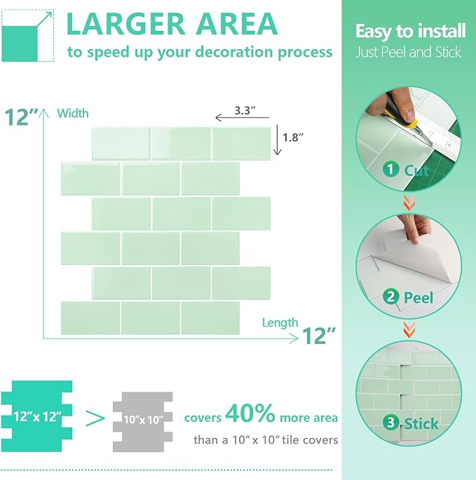 STICKGOO Subway Tile Peel and Stick Backsplash, Thicker Design 12" x 12" Stick on Backsplash Tiles for Kitchen, Bathroom, Wall Tile (10 Sheets, Light Green)