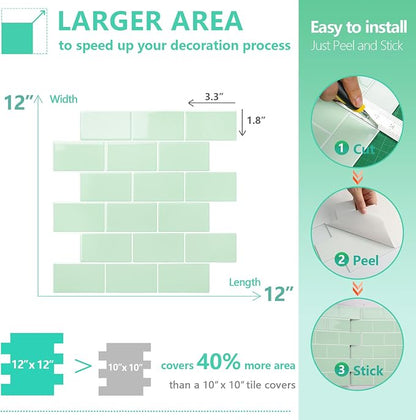 STICKGOO Subway Tile Peel and Stick Backsplash, Thicker Design 12" x 12" Stick on Backsplash Tiles for Kitchen, Bathroom, Wall Tile (10 Sheets, Light Green)