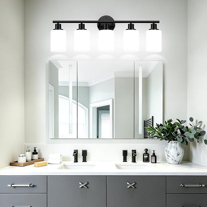 5-Light Bathroom Light Fixtures, Black Modern Vanity Lights with Milky White Frosted Glass Shades, Bathroom Wall Lamp, Clear Glass Shade, for Mirror, Living Room, Kitchen, Hallway, Cabinet, Porch