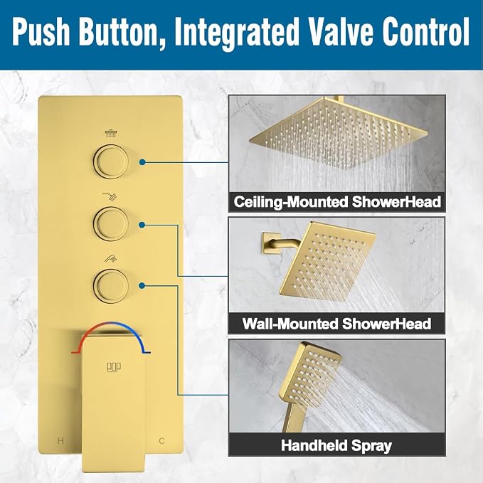 Shower Faucet Set Brushed Gold Bathroom Rainfall Shower System, 12 Inch Ceiling Mount Shower Head with 6 Inch Wall Mount Shower Head, Include Shower Valve and Trim Kit