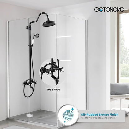 gotonovo Exposed Bathroom Shower System Two Cross Handle Oil Rubbed Bronze | Vintage Brass Tub Shower Faucet Set,8’’ Rain Head with Handheld Spray,Swivel Tub Spout,6’’ Hole Distance,Adjustable Height