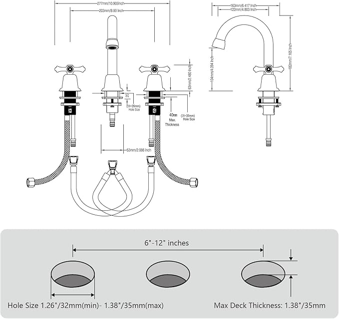 RKF Bathroom Faucets for Sink 3 Hole Gold 8 inch Widespread Bathroom Sink Faucet with Drain 2 Handles Cross Knobs Faucet Vanity Faucet Basin Mixer Tap with Hose & Deck CWF039-BG
