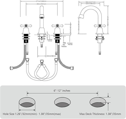 RKF Bathroom Faucets for Sink 3 Hole Gold 8 inch Widespread Bathroom Sink Faucet with Drain 2 Handles Cross Knobs Faucet Vanity Faucet Basin Mixer Tap with Hose & Deck CWF039-BG
