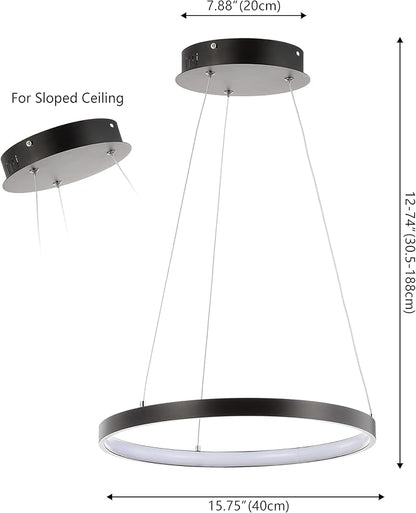 JONATHAN Y 15.75" Matte Black Modern Integrated LED Pendant Light, Dimmable Round Hoop Chandelier for Kitchen Island, Dining Room, Adjustable Height Metal Hanging Light JYL7202A