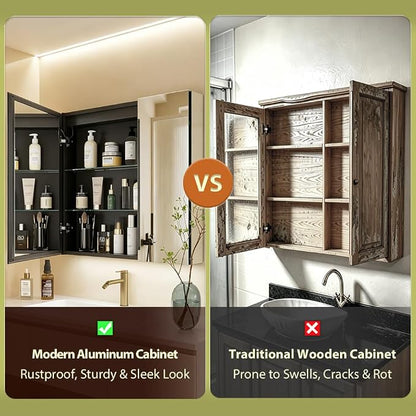 30*28 inch Two-door Aluminum LED Lighted Bathroom Medicine Mirror Cabinet | Light Adjustable, Sockets & USBs inside, Anti-Fog, Easy to Install