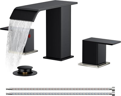 FORIOUS Brushed Nickel and Matte Black Bathroom Faucet 2 Handles, 8 Inch Widespread Bathroom Faucet for 3 Hole Sink with Metal Pop Up Drain, for Vanity RV Restroom Camper