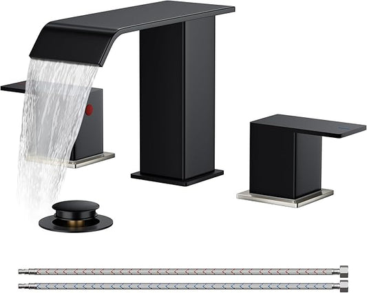 FORIOUS Brushed Nickel and Matte Black Bathroom Faucet 2 Handles, 8 Inch Widespread Bathroom Faucet for 3 Hole Sink with Metal Pop Up Drain, for Vanity RV Restroom Camper