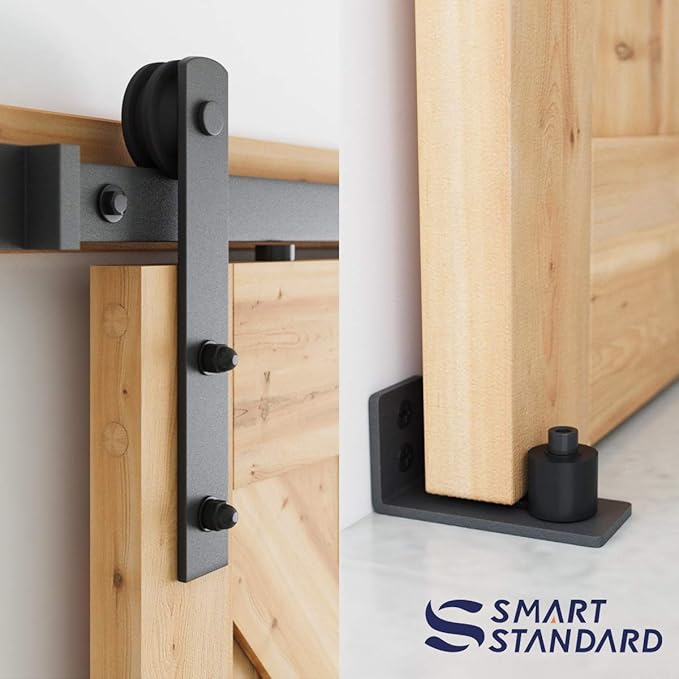 SMARTSTANDARD 6.8 FT Heavy Duty Sturdy Sliding Barn Door Hardware Kit, Black, (Whole Set Includes 1x Pull Handle Set & 1x Floor Guide) Fit 36"-40" Wide Door Panel (I Shape Hanger)