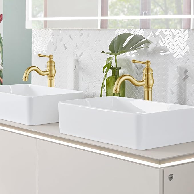 gotonovo Vintage Bathroom Vessel Sink Faucet, Brushed Gold, with Drain | Tall Bathroom Faucet 1 Hole Single Handle, 360° Swivel Spout, cUPC Water Lines, Lead-Free, for Farmhouse Vanity Washbasin RV