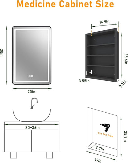 20x30 Inch LED Lighted Medicine Cabinet Mirror, Bathroom Mirror with Lights and Storage Wall Mounted & Recessed with Anti-Fog, Dimmable 3 Color Light with Memory, 3 Shelves & 1 Organizer Box, Black