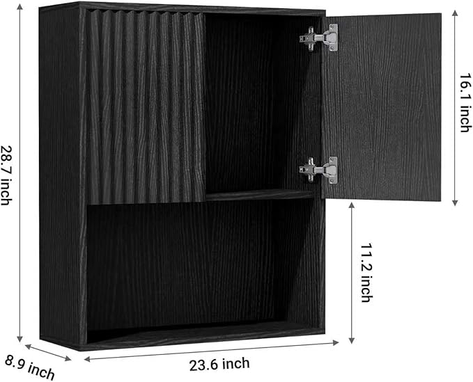 Fluted Bathroom Wall Cabinet Over the Toilet Storage,Wall Mounted Cabinet with Adjustable Shelf,Floating Cabinet Organizer Hanging Cabinet,Kitchen and Laundry Room Cabinets (Black, 1 PC)