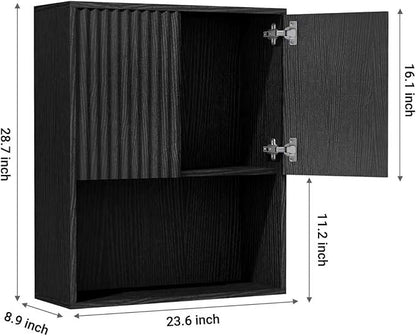 Fluted Bathroom Wall Cabinet Over the Toilet Storage,Wall Mounted Cabinet with Adjustable Shelf,Floating Cabinet Organizer Hanging Cabinet,Kitchen and Laundry Room Cabinets (Black, 1 PC)