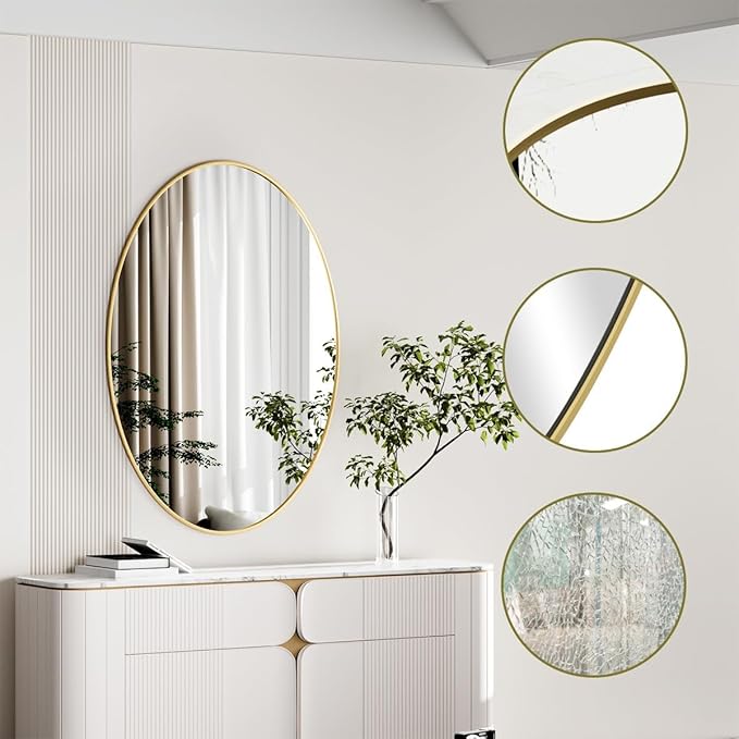 Koonmi Gold Oval Bathroom Mirror, 26"x37" Oval Mirror for Wall | Shatterproof Bathroom Vanity Mirror for Bedroom Living Room Entryway, Horizontal or Vertical, Hardware Included